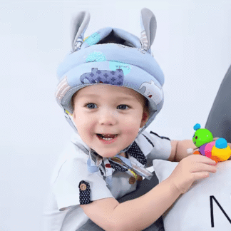 A young boy wearing a Bouncecap protective headgear