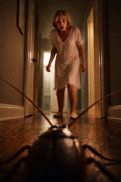 woman eying a huge cckroach in the passage