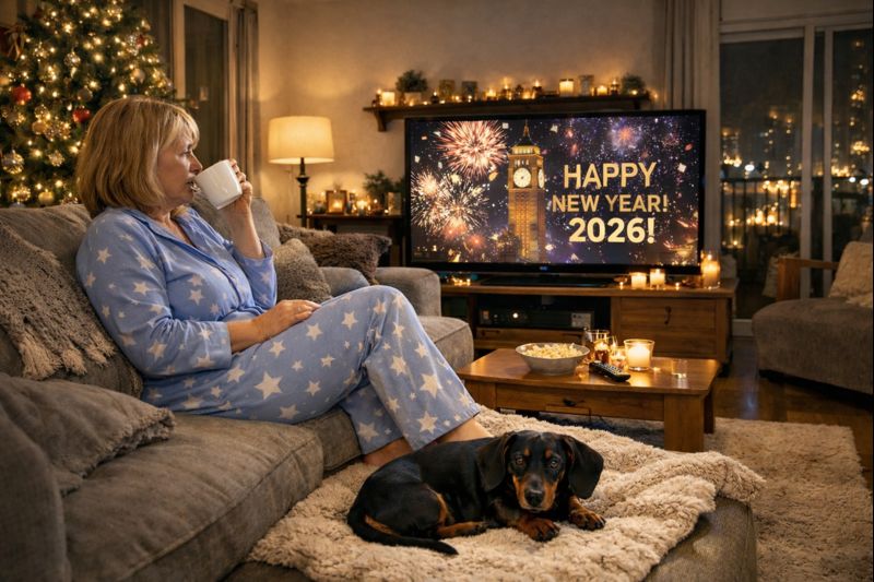 woman watching TV new year celebrations