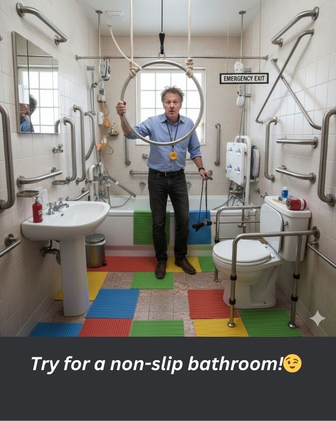 A humorous look at the AIDS one can get for preventing a fall in the bathroom
